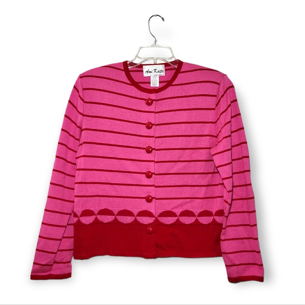 Vintage AMI Knits Pink Red Stripe Button Knit Cardigan Sweater Size 12